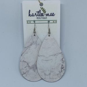 Genuine leather tear drop earrings - white marble